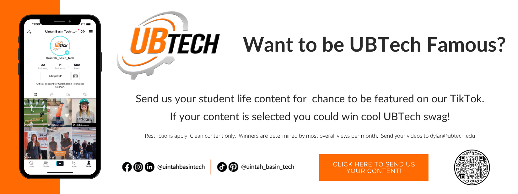 Send us your student life content for a chance to be featured on #UBTech's official TikTok account. If your content is selected, you could win cool UBTech swag! Make yourself UBTechFamous