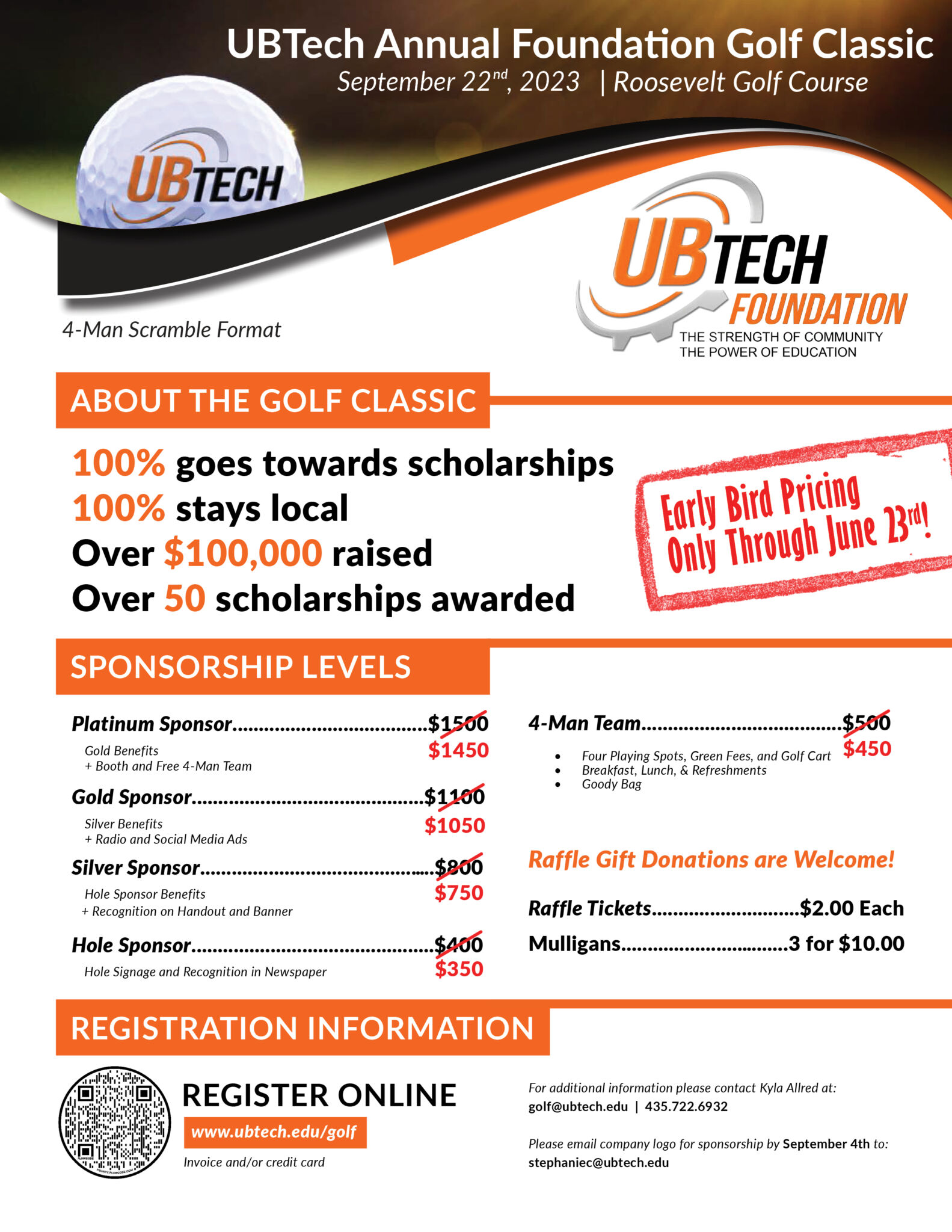 UBTech Annual Foundation Golf Classic. September 23rd 2023. 4-man scramble format. 100% goes towards scholarships. 100% stays local. Over $100,000 raised. Over 50 scholarships awarded. Early bird pricing now through June 23rd. Sponsorship levels: Platinum ($1450; includes gold benefits plus a booth and a free 4-man team), Gold ($1050; Silver benefits plus radio and social media ads), Silver ($`750; Hole sponsor benefits, recognition on handout and banner), Hole Sponsor ($350; Hole signage and Recognition in Newspaper), 4-man team ($450; Four playing spots and golf cart, meals and refreshments, Goody bag). Raffle donations welcome! Raffle tickets are $2.00 each and Mulligans are three for $10.00. Register online at www.ubtech.edu/golf