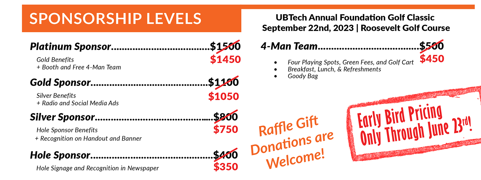 UBTech Annual Foundation Golf Classic. September 23rd 2023. 4-man scramble format. 100% goes towards scholarships. 100% stays local. Over $100,000 raised. Over 50 scholarships awarded. Early bird pricing now through June 23rd. Sponsorship levels: Platinum ($1450; includes gold benefits plus a booth and a free 4-man team), Gold ($1050; Silver benefits plus radio and social media ads), Silver ($`750; Hole sponsor benefits, recognition on handout and banner), Hole Sponsor ($350; Hole signage and Recognition in Newspaper), 4-man team ($450; Four playing spots and golf cart, meals and refreshments, Goody bag). Raffle donations welcome! Raffle tickets are $2.00 each and Mulligans are three for $10.00. Register online at www.ubtech.edu/golf