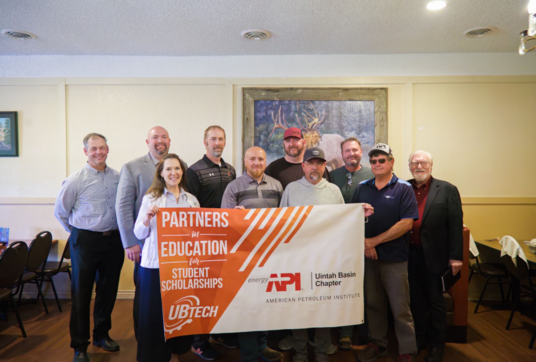 The local Uintah Basin Chapter of the API organization partnered with UBTech to donate scholarships. Pictured from left to right, Mark Dockins, UBTech VP of Instructional Services; Aaron Weight, UBTech President; Heather Lowry, Chief Development Officer; Seth Taylor, Director of Energy Services; Andrew Kraft, Uintah Basin API Chairman; Jason Simonton, Golf Committee Chairman; Brandon Jaramillo, API Uintah Basin member; Scott Simonton, Uintah Basin API Vice Chairman; Lynn Labrum, API Uintah Basin member; and Steven Rogers, API Uintah Basin member.