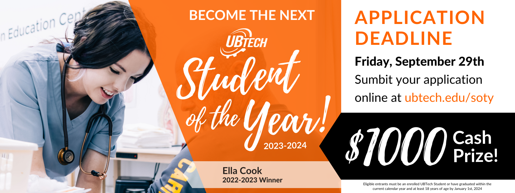 Become the next UBTech Student of the Year. Application deadline, Friday, September 29th. Submit your application at ubtech.edu/soty. $1000 cash prize.