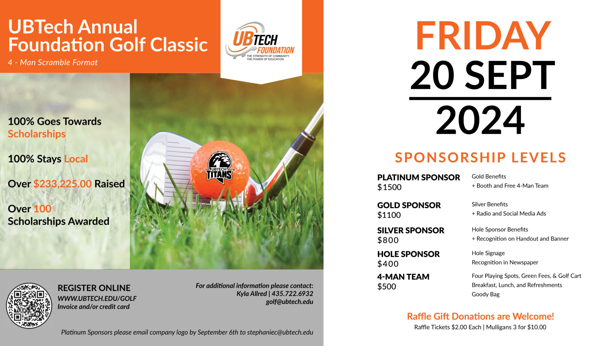 UBTech Annual Foundation Golf Classic. September 23rd 2023. 4-man scramble format. 100% goes towards scholarships. 100% stays local. Over $100,000 raised. Over 50 scholarships awarded. Sponsorship levels: Platinum ($1500; includes gold benefits plus a booth and a free 4-man team), Gold ($1100; Silver benefits plus radio and social media ads), Silver ($800; Hole sponsor benefits, recognition on handout and banner), Hole Sponsor ($400; Hole signage and Recognition in Newspaper), 4-man team ($500; Four playing spots and golf cart, meals and refreshments, Goody bag). Raffle donations welcome! Raffle tickets are $2.00 each and Mulligans are three for $10.00. Register online at www.ubtech.edu/golf