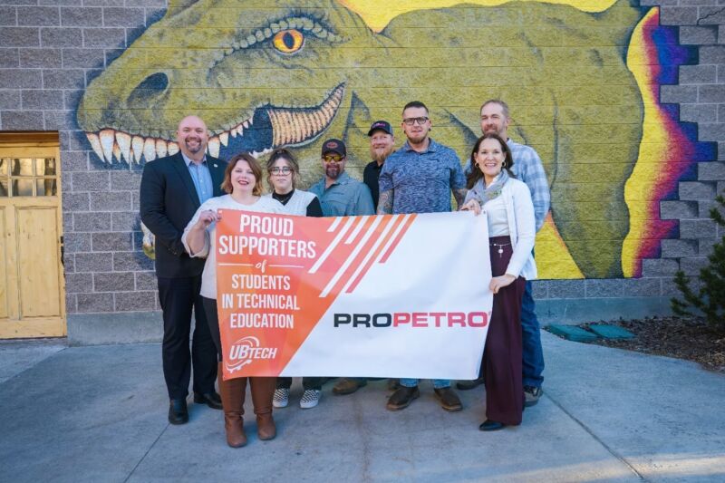 ProPetro donates scholarship funds to support Uintah Basin residents enrolling into UBTech programs. Pictured left to right: Aaron Weight, UBTech President; Katy Baker, ProPetro Learning Development Manager; Kayla Howard, ProPetro Staff Assistant; Beau Tenney, ProPetro President and CEO; Bryan Jessen, ProPetro Maintenance Supervisor; David Searle, ProPetro Vernal Division Manager; Seth Taylor, UBTech Energy and Transportation Director; and Heather Lowry, UBTech Chief Development Officer.
