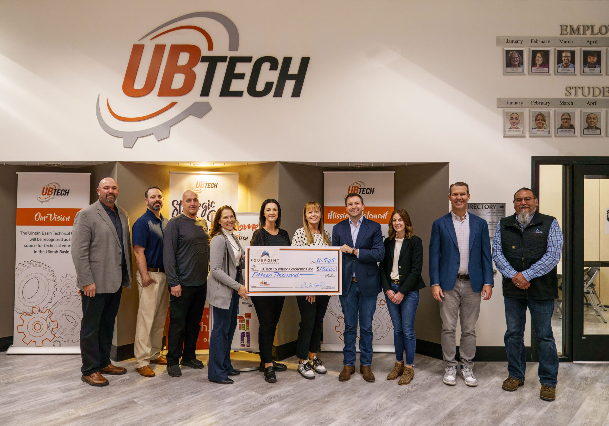 UBTech leaders and FourPoint Resources representatives celebrate a new partnership with a ceremonial check presentation. FourPoint’s $15,000 donation will fund scholarships for UBTech students, including dedicated support for members of the Ute Indian Tribe and their direct descendants.