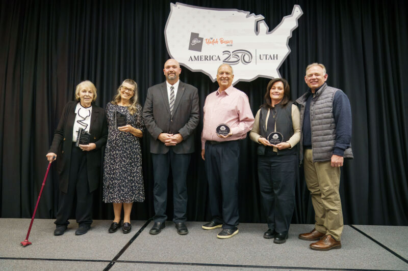 From left to right: JoAnn Murray (accepting the award on behalf of her late husband, Raymond Murray) and Marcia Barber—2026 UBTech Champions—stand with UBTech President Aaron Weight. Mark Stewart and Jackie and Bill Wright were honored with the 2026 UBTech Way Awards for their positive examples and service in the community.