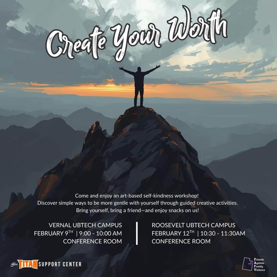 Come and enjoy an art-based self-kindness workshop! Discover simple ways to be more gentle with yourself through guided creative activities. Bring yourself, bring a friend, and enjoy snacks on us! February 9th from 9 to 10 am in Vernal; February 12th from 10:30 to 11:30am in Roosevelt.