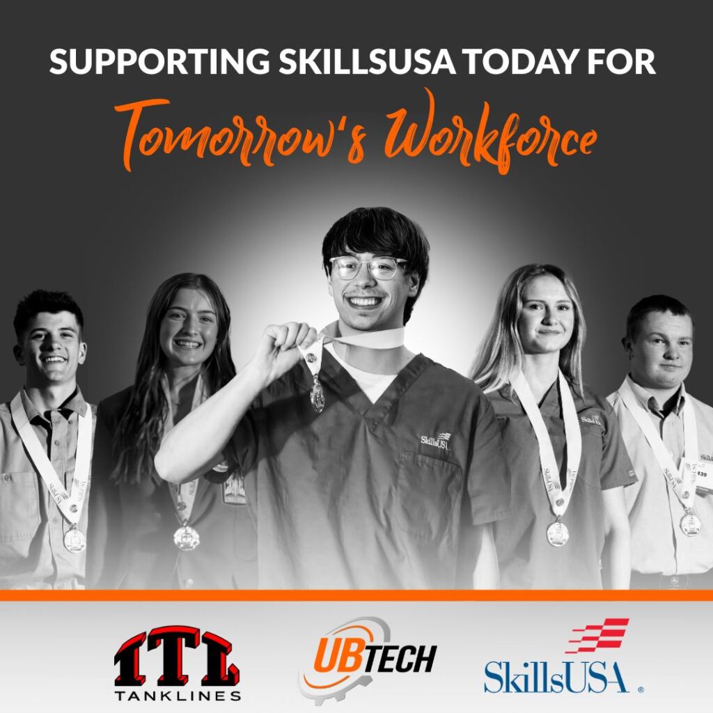 Feb26 Lead Measure Skills Supporting SkillsUSA today for tomorrow's workforce. Iowa Tanklines. UBTech. SkillsUSA. Five students smiling with gold medals around their necks.