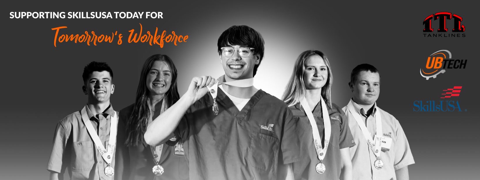 Supporting SkillsUSA today for tomorrow's workforce. Iowa Tanklines. UBTech. SkillsUSA. Five students smiling with gold medals around their necks.