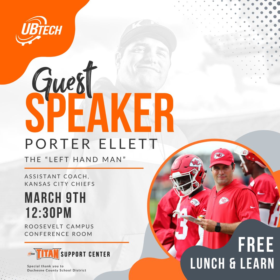 Guest speaker Porter Ellett. The Lefthand Man. Assistant Coach, Kansas City Chiefs. March 9th. 12:00 PM. Roosevelt Campus Conference Room. A special thank you to Duchesne County School District. Free Lunch and Learn.