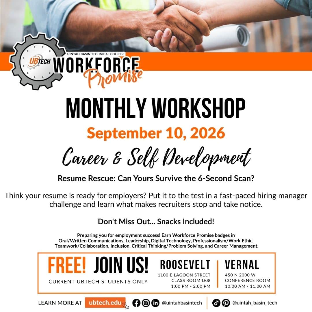 UBTech Workforce Promise monthly workshop September 10, 2026. Career & Self Development.