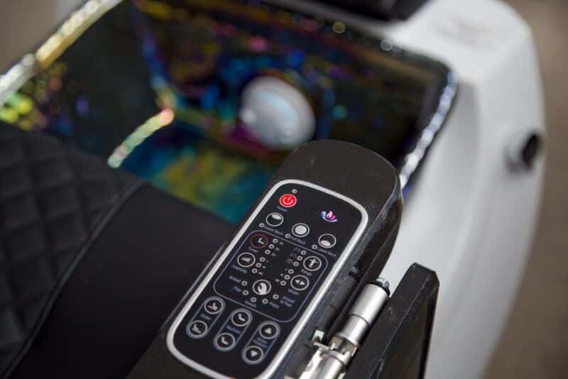 The pedicure chair preview of the handle control and rainbow iridescent bowl.