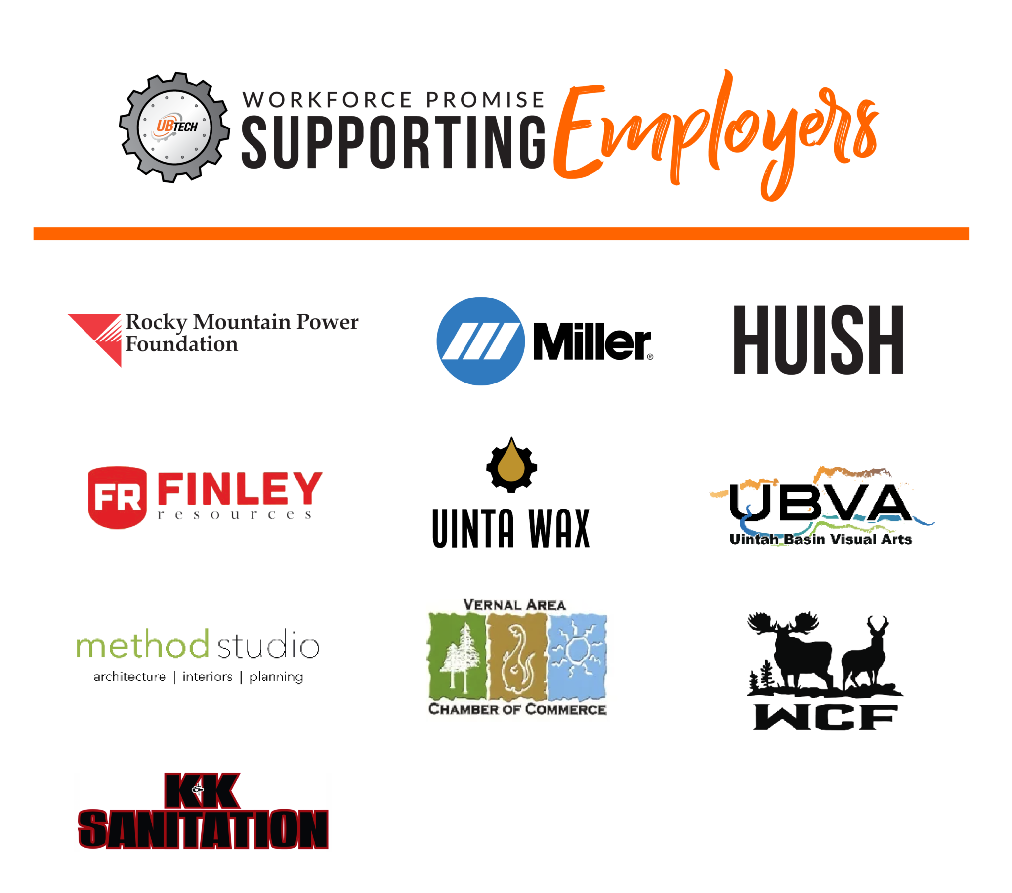 WFP supportingemployers graphic (1) Workforce Promise Supporting Employers Rocky Mountain Power Foundation, Miller, Huish, Finley Resources, Uinta Wax, UBVA - Uintah Basin Visual Arts, Method Studio, Vernal Area Chamber of Commerce, WCF, K&K Sanitation